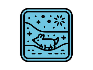 A stylized rabbit walks through a landscape under a sun and starry sky, depicted in a bold graphic illustration style.