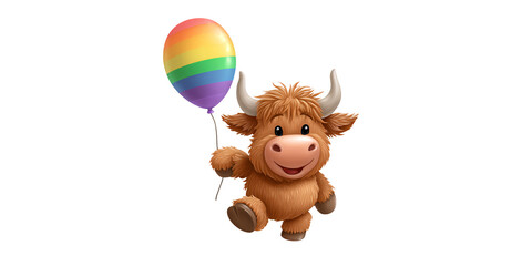 Fototapeta premium Cute cartoon Highland cow holding rainbow balloon, celebrating pride month with adorable animal character on black background Concept of inclusivity, diversity, and lgbtq community
