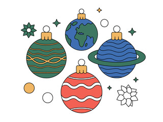 Four spherical ornaments, two designed as planets and two with festive patterns, are displayed with decorative elements.