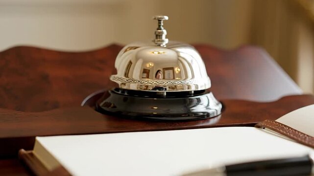 Elegant vintage bell on a polished wooden desk with a pen and notepad providing service