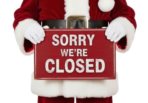 Santa claus holding a red wooden sign that says sorry were closed
