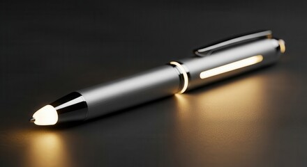 Illuminated digital stylus rests on a dark, textured surface in a close up view