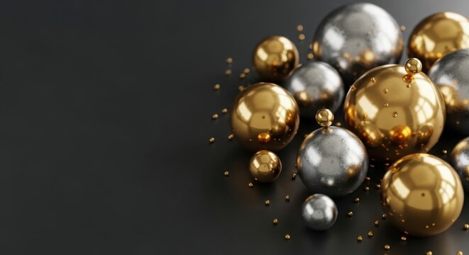 Closeup of shiny gold and silver metallic spheres scattered on a dark background with copy space