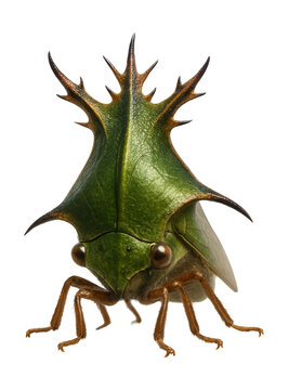 Triangular-bodied treehopper with decorative, spiky extensions.