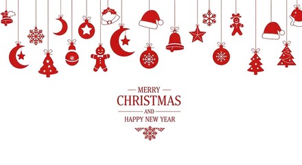 Red christmas and new year holiday ornaments, including stars, bells, and trees, hanging with a festive greeting, isolated on white background