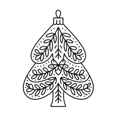 A decorative Christmas tree ornament with intricate floral and dot patterns is depicted in a simple black and white line drawing.