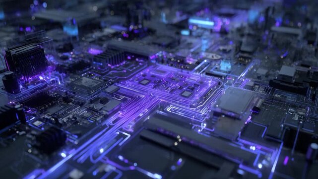 Advanced futuristic microchip circuit glowing with purple cyber technology details