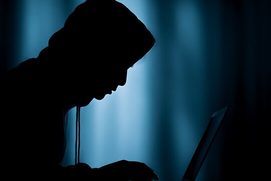 Hooded hacker silhouette stealing data on laptop