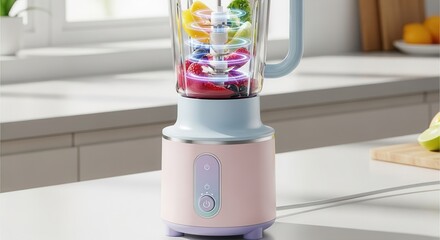 Pastel colored electric food processor preparing fresh fruit beverage on kitchen counter