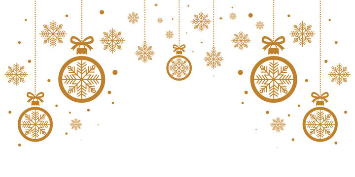 gold and white Christmas banner border featuring a pattern of hanging stylized ornaments and large snowflakes, creating a festive header or footer.