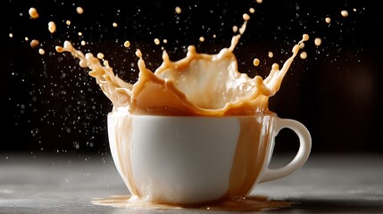 Dynamic splash of coffee or tea erupting from a white ceramic cup, capturing the energy and motion of the beverage
