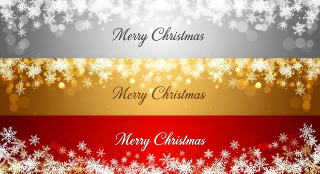 Three merry christmas banners with sparkling snowflakes and bokeh lights, on silver, gold, and red, perfect for holiday designs