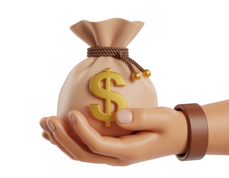 Hand holding money bag with golden dollar symbol isolated on a transparent background - Powered by Adobe