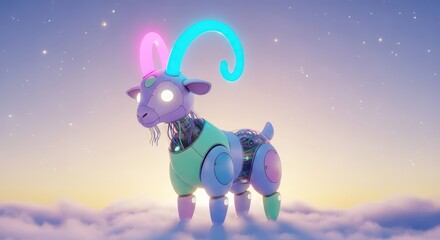 Robotic goat creature stands atop clouds beneath a starry twilight sky