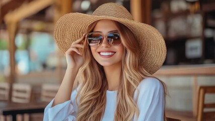 A woman enjoys a sunny day at an outdoor cafe, smiling while wearing a stylish straw hat and sunglasses - Powered by Adobe