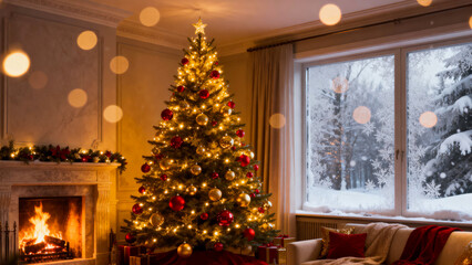 Cozy christmas living room scene with illuminated tree fireplace and snowy window view