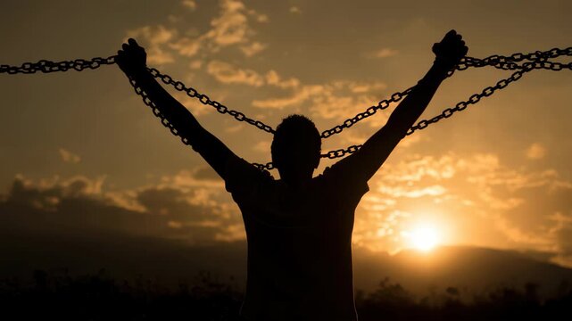 Silhouette breaking chains at sunrise symbolizes liberation and the pursuit of freedom in a transformative moment
