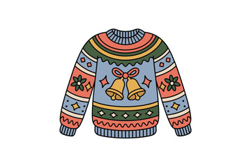 A festive, blue, long-sleeved Christmas sweater adorned with bells, flowers, and geometric patterns is presented against a white background, evoking a cozy holiday spirit.