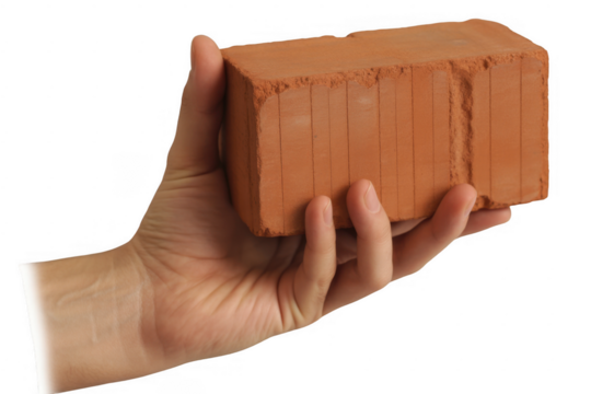 Hand holding red brick with vertical grooves isolated on a transparent background