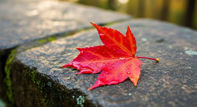 A single red maple leaf with water droplets on a wet stone surface in soft outdoor lighting - Powered by Adobe