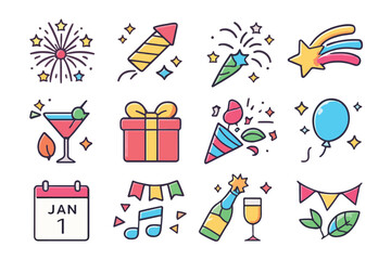 Fireworks and celebration icons for New Year
