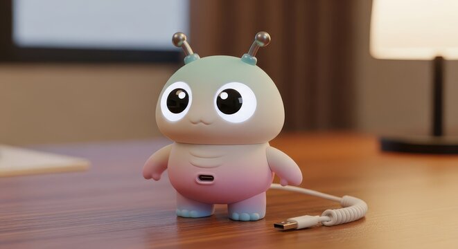 Cute, small, brightly lit electronic gadget resembling an alien creature sits on a wooden desk