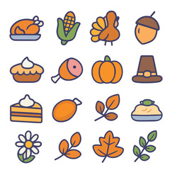 Thanksgiving vector icon set with food and turkey