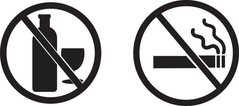 No smoking and no alcohol prohibition sign set. Forbidden cigarette, wine bottle, and drinking glass warning icon vector collection.
