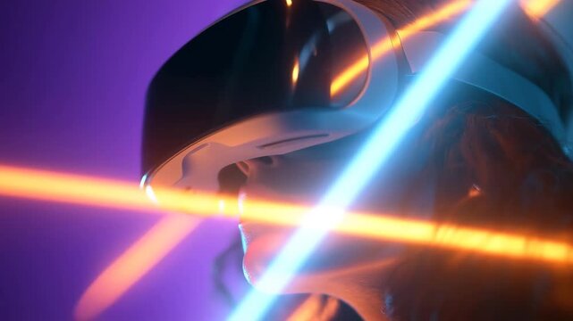 Futuristic VR portrait with neon laser lights and immersive cyber digital atmosphere