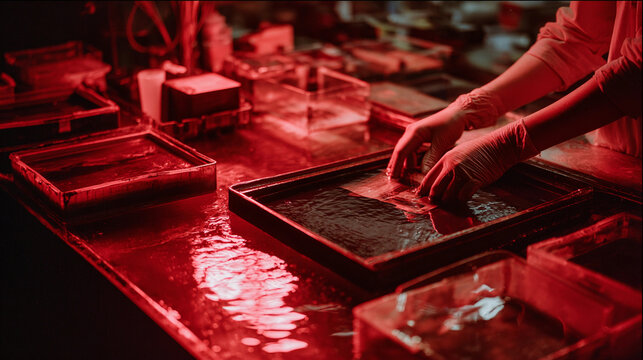 Hands developing film in darkroom under red light, creating analog photography prints with chemicals