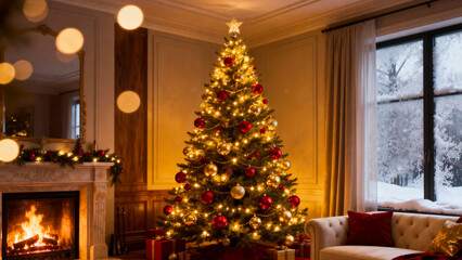 Cozy christmas living room scene with a glowing decorated tree warm fireplace and snowy window view