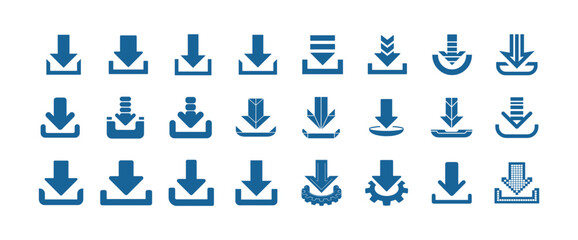 Set of 30 download icons in blue color different styles, collection of linear and solid download symbols