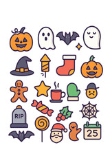 Halloween Icon Set with Pumpkins, Ghosts, Bats, and Spooky Silhouettes