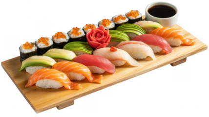 Assortment of sushi and sashimi on wooden platter with soy sauce isolated on a transparent background