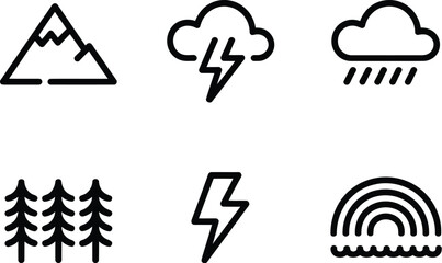Naklejka premium Minimalist weather and nature line icon set featuring mountain, storm, rain, forest, lightning, and rainbow symbols for graphic design