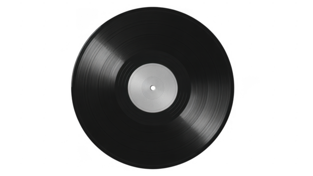 Black vinyl record with silver label isolated on a transparent background