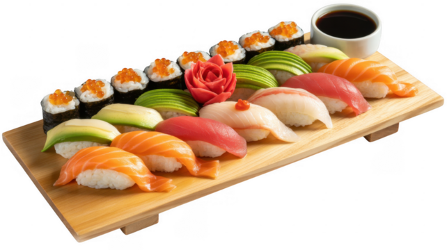 Assortment of sushi and sashimi on wooden platter with soy sauce isolated on a transparent background - Powered by Adobe