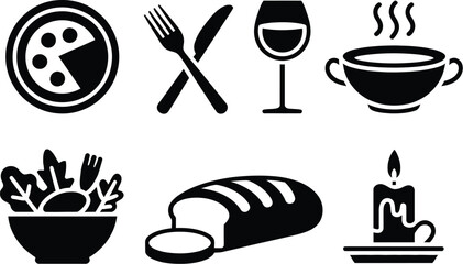 Essential dining icons pizza slice on plate, crossed fork and knife, wine glass, steaming soup bowl, fresh salad, bread, and lit candle. Ideal for restaurant menus