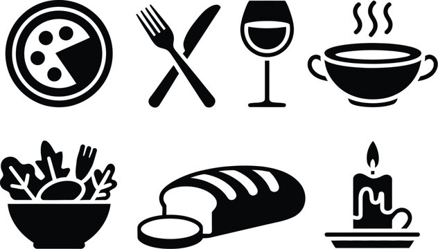 Essential dining icons pizza slice on plate, crossed fork and knife, wine glass, steaming soup bowl, fresh salad, bread, and lit candle. Ideal for restaurant menus