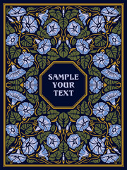 Antique frame in Art Nouveau style with a pattern of flowers, buds, leaves and branches. Vintage style concept. Handmade drawing vector illustration.