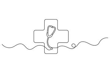 Medical cross and stethoscope continuous one line art