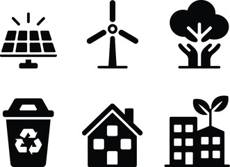 Sustainability Icons Set Solar Panels, Wind Turbine, Tree, Recycling, House, and Eco-Friendly Buildings