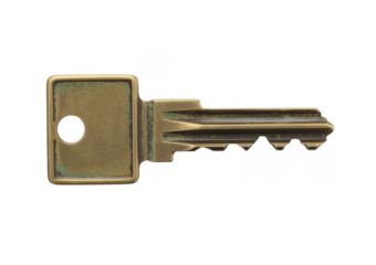 Brass house key with patina and serrated edge isolated on a transparent background