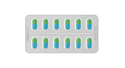 Blister Pack of Blue and Green Capsules for Medication or Supplements.
