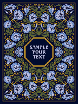 Antique frame in Art Nouveau style with a pattern of flowers, buds, leaves and branches. Vintage style concept. Handmade drawing vector illustration.