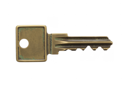 Brass house key with patina and serrated edge isolated on a transparent background - Powered by Adobe