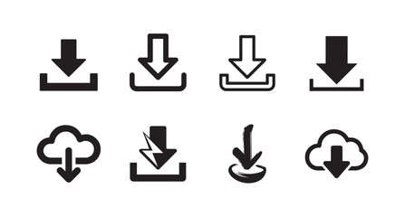 Variety of black download icons featuring cloud lightning and standard arrow designs