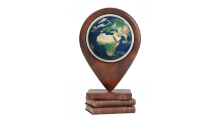 Brown map pin with planet Earth inside on stack of books isolated on a transparent background