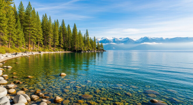 Tranquil Lake Tahoe shoreline with crystal clear water pine trees and majestic snowy peaks under a bright blue sky - Powered by Adobe