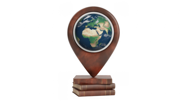Brown map pin with planet Earth inside on stack of books isolated on a transparent background